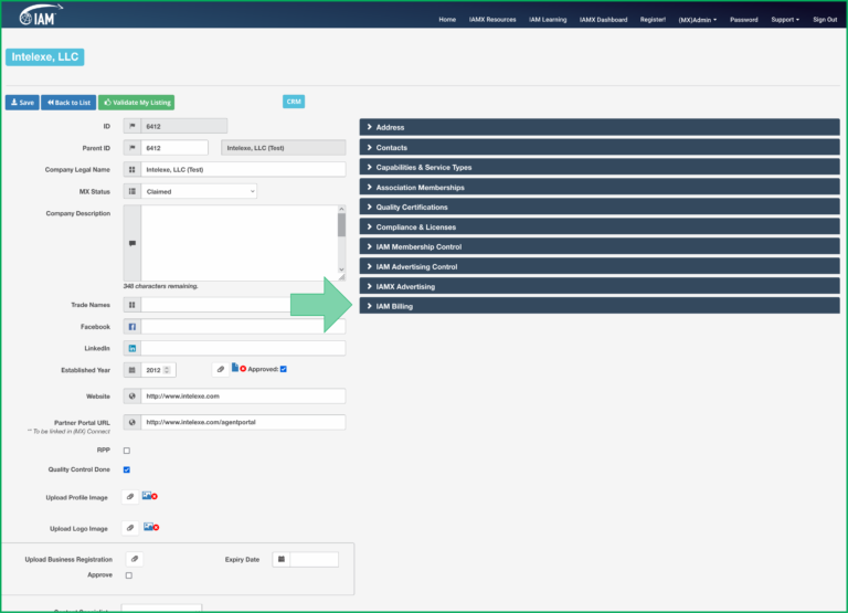 IAMX company profile Edit screen showing the IAM Billing tab at the bottom right