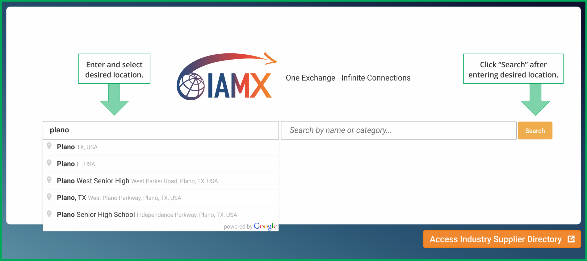 IAMX location search dropdown