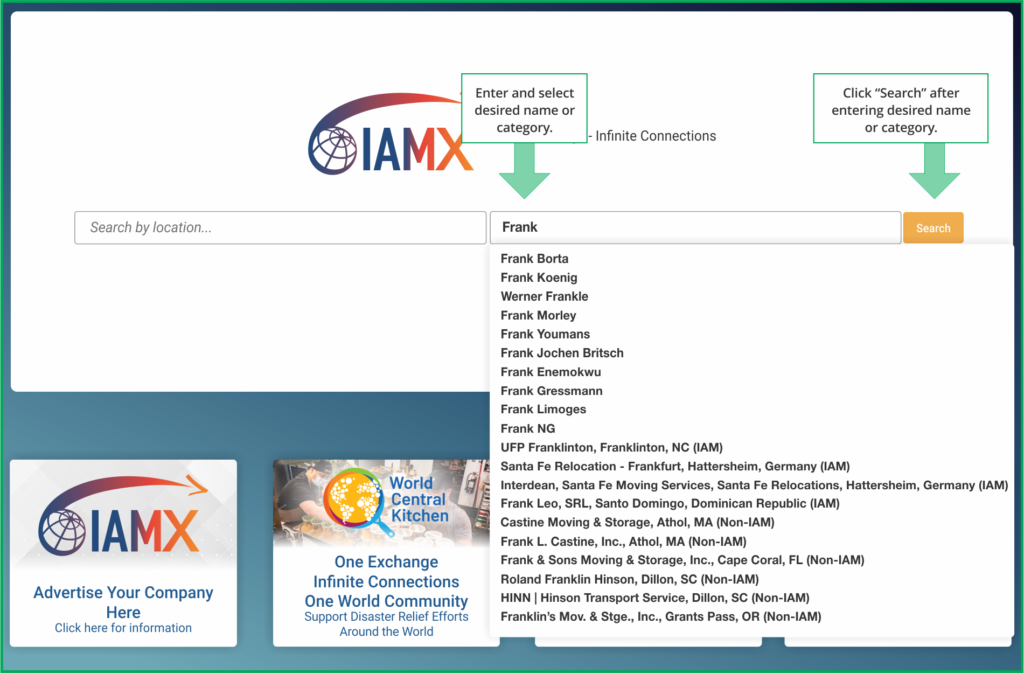 IAMX name search dropdown
