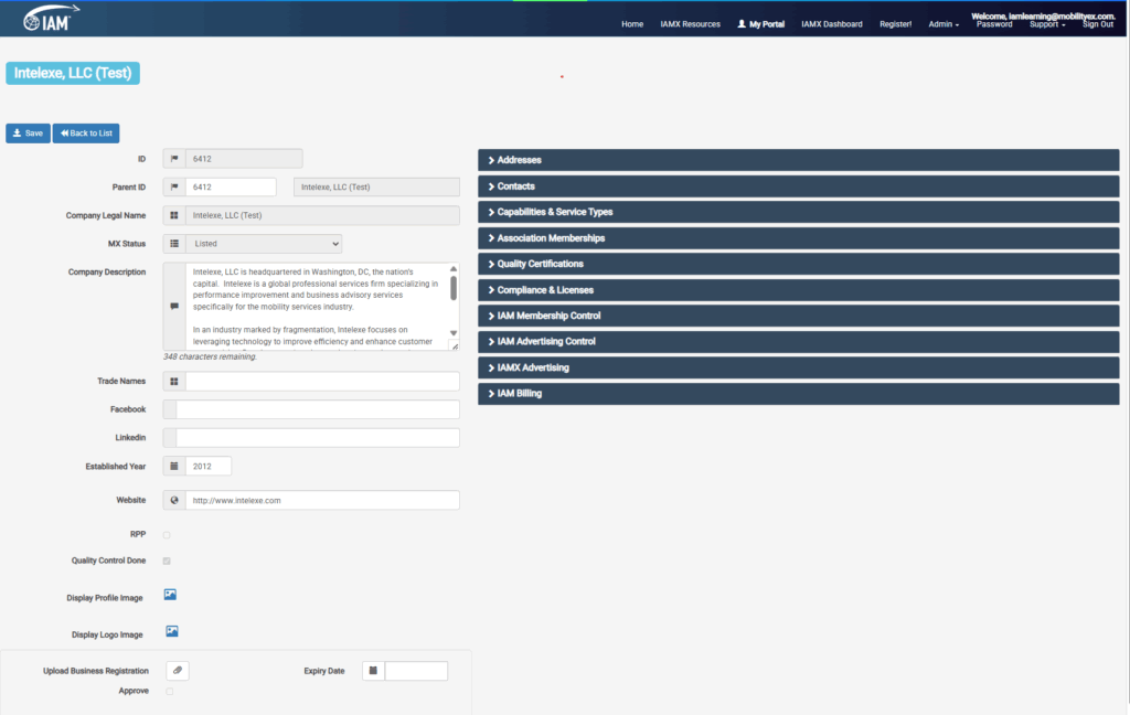 IAMX company edit screen showing Save, Back to List, and Validate My Listing buttons