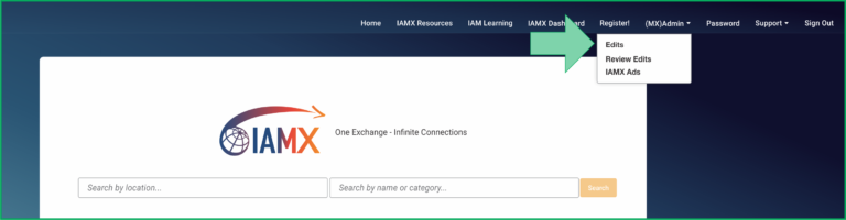 IAMX navigation showing the Admin menu after signing in