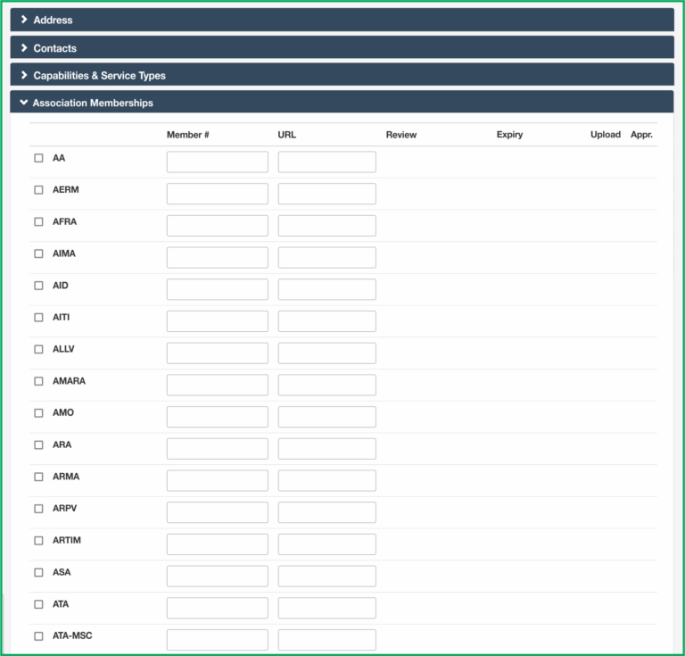 Affiliations and memberships checkboxes