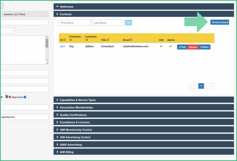 Adding contacts and granting admin rights in IAMX