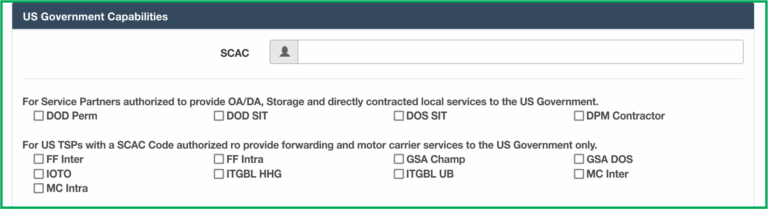 US Government capabilities checkboxes