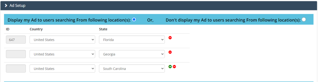 IAMX campaign targeting screen showing an inclusion list by country