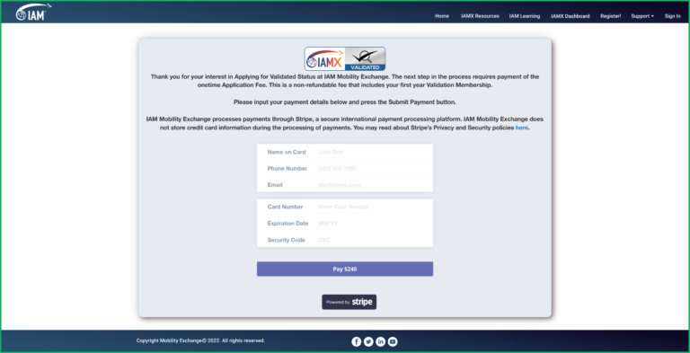 IAMX payment window for validation