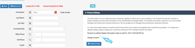 Privacy settings in the IAMX contact profile