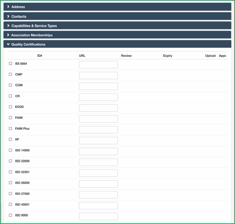 Quality certifications checkboxes