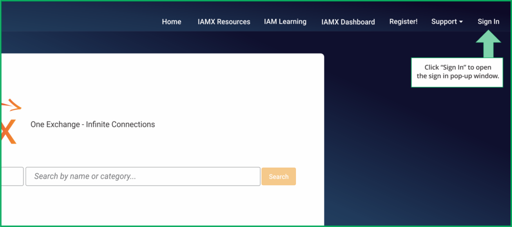 IAMX home page showing the Sign In button at top right