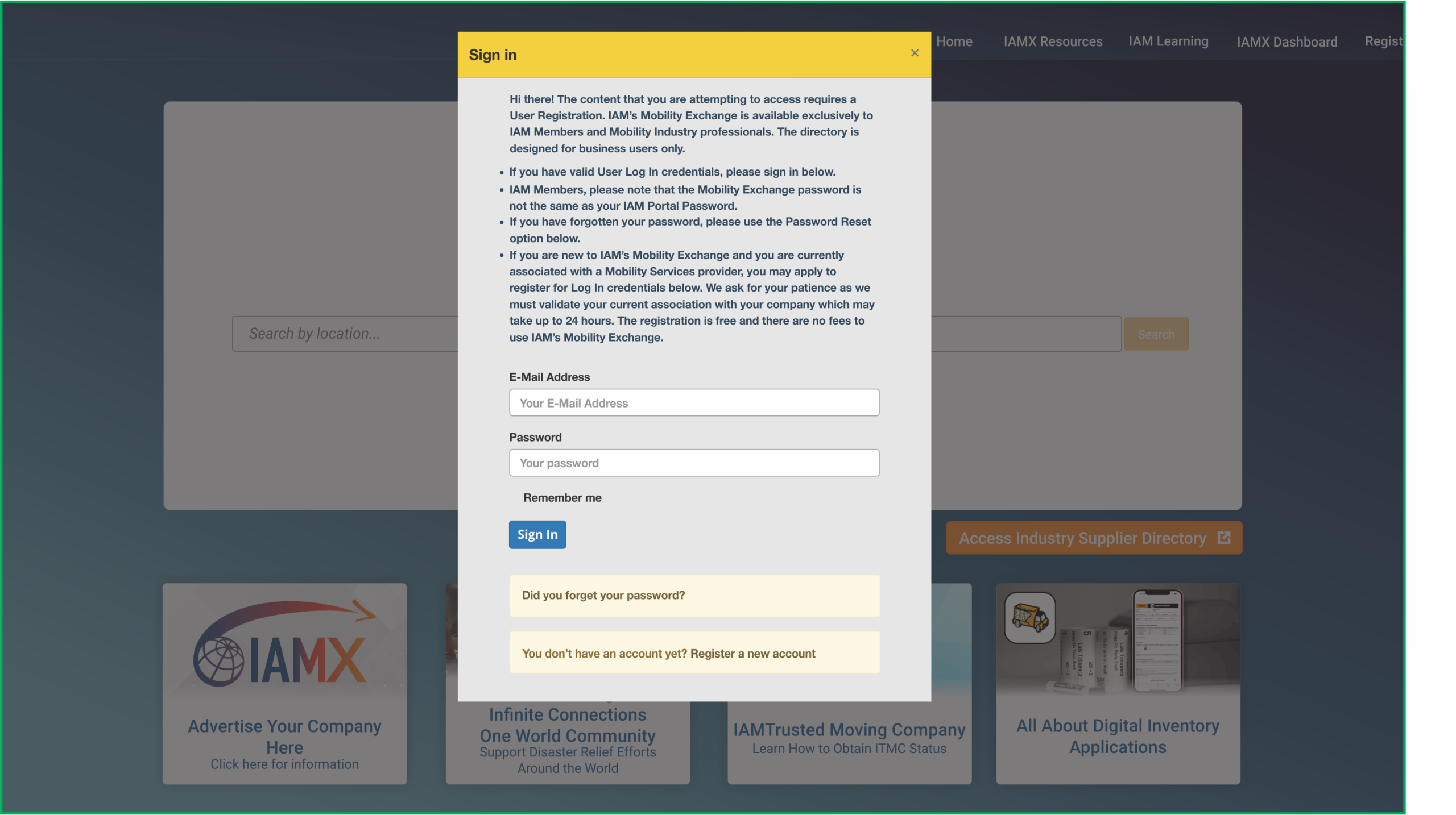 IAMX sign-in pop-up with username and password fields