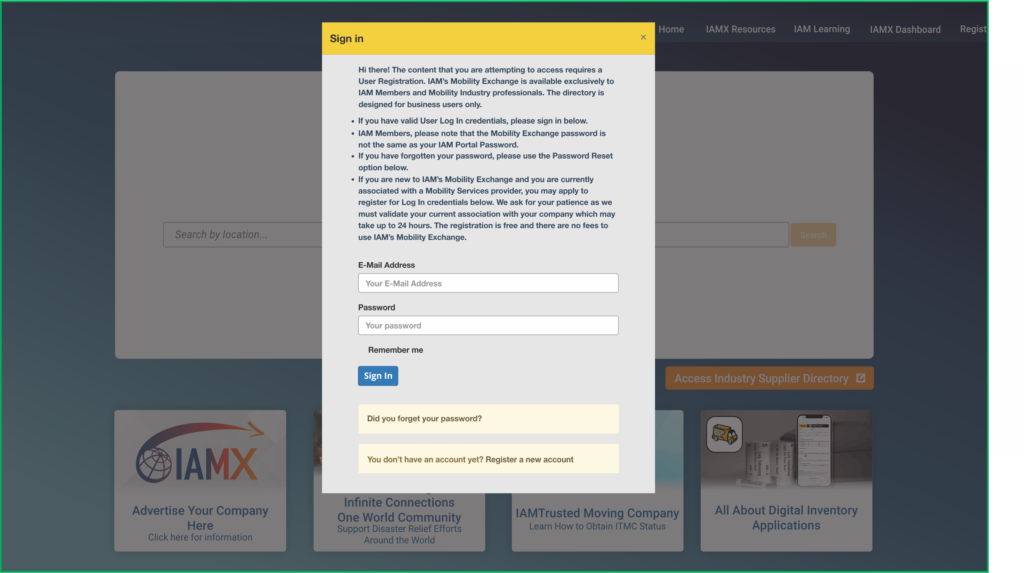 IAMX sign-in pop-up with username and password fields