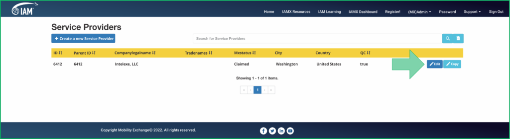 IAMX list view showing a single company profile with an Edit button
