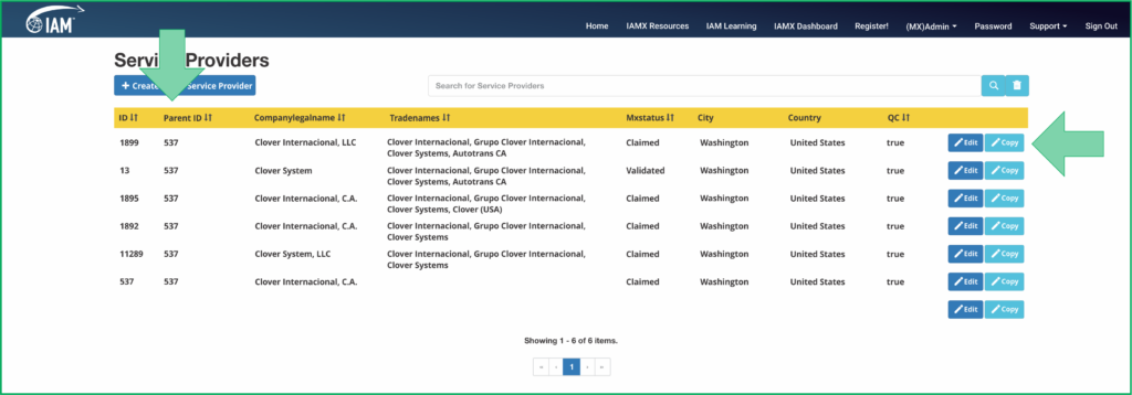 IAMX list view showing multiple related company profiles