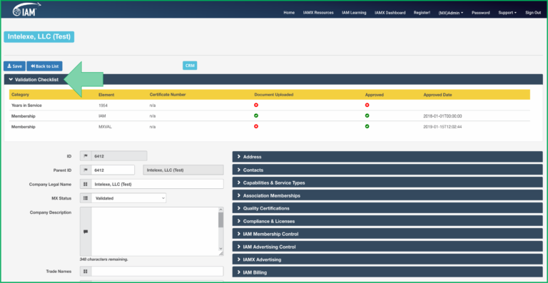 IAMX Validation Checklist showing green checkmarks for uploaded and approved qualifications