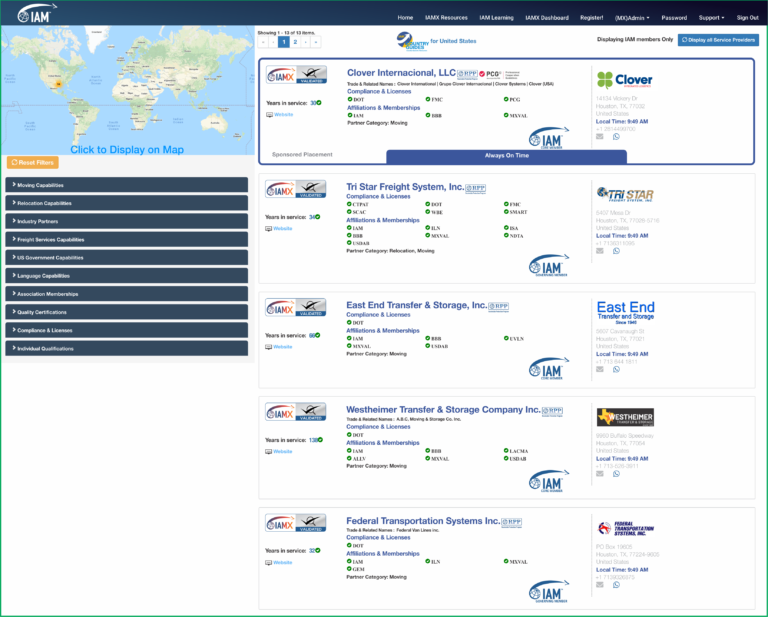 Search results showing Validated company listings in IAMX