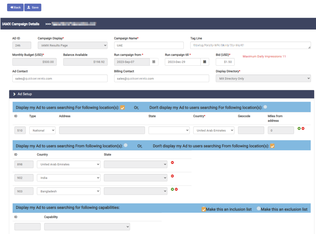 IAMX Sponsored Placement campaign settings screen