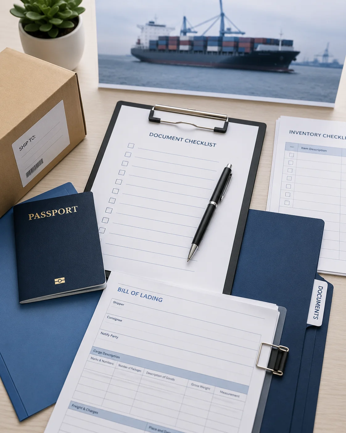 Shipping and customs documents prepared for an international move